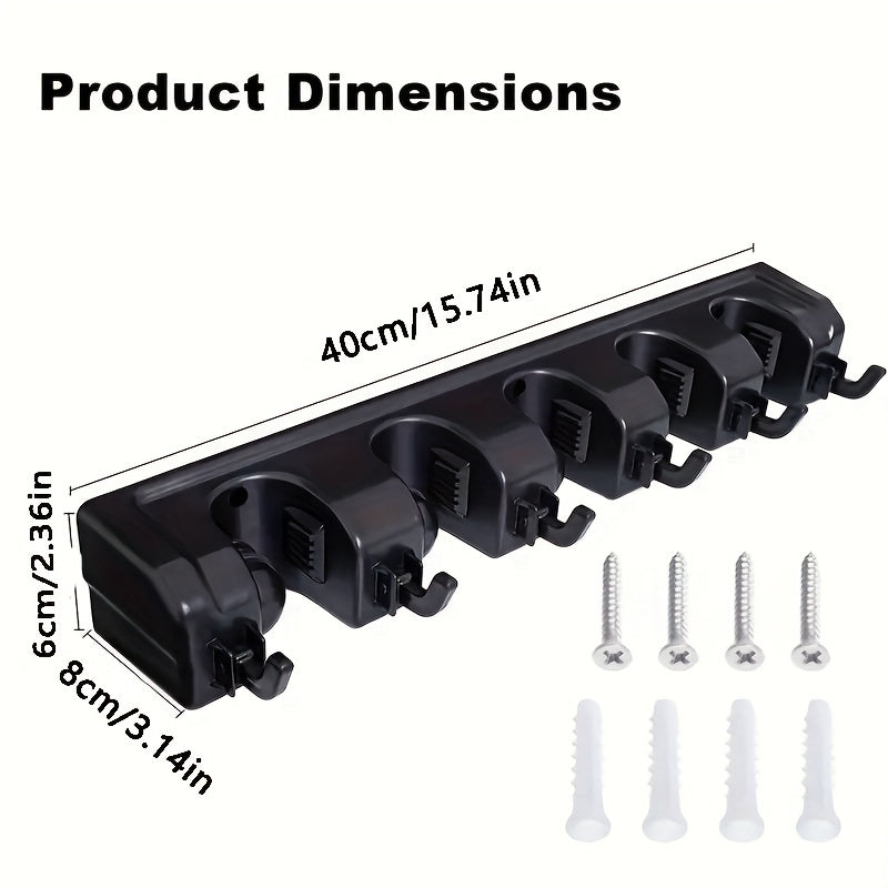 Wall Mounted Broom & Tool Organizer | 5 Slots 6 Hooks Storage Rack