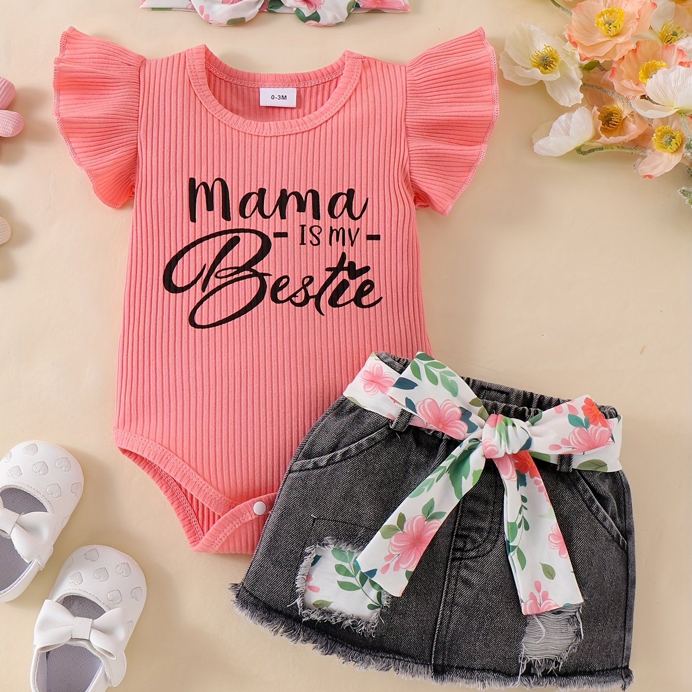 Baby Girl Clothes Newborn Romper Ruffle Sleeve Short Jeans Skirt With Headband Infant Outfits Set 0-18 Months, for Outdoor