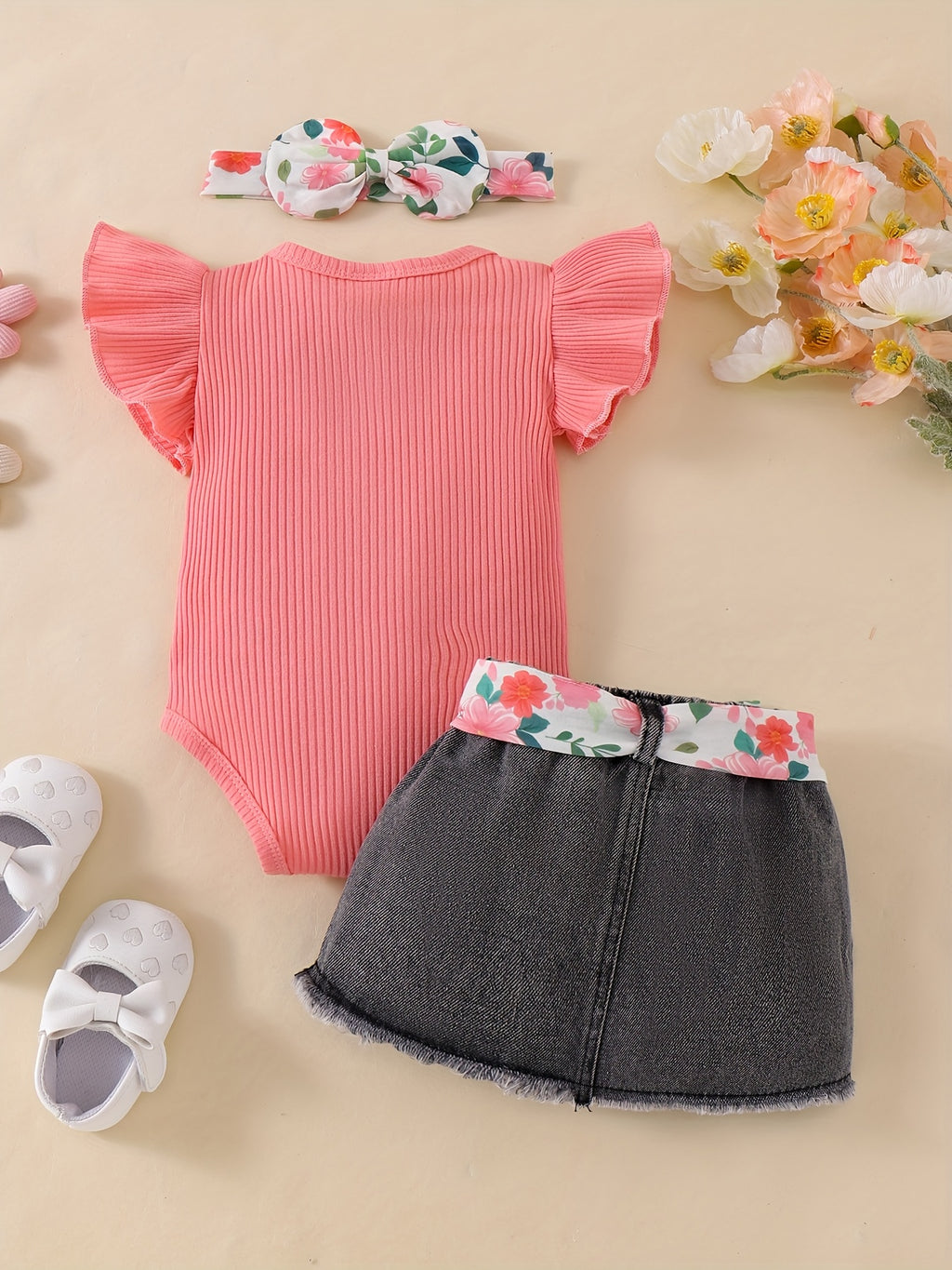 Baby Girl Clothes Newborn Romper Ruffle Sleeve Short Jeans Skirt With Headband Infant Outfits Set 0-18 Months, for Outdoor