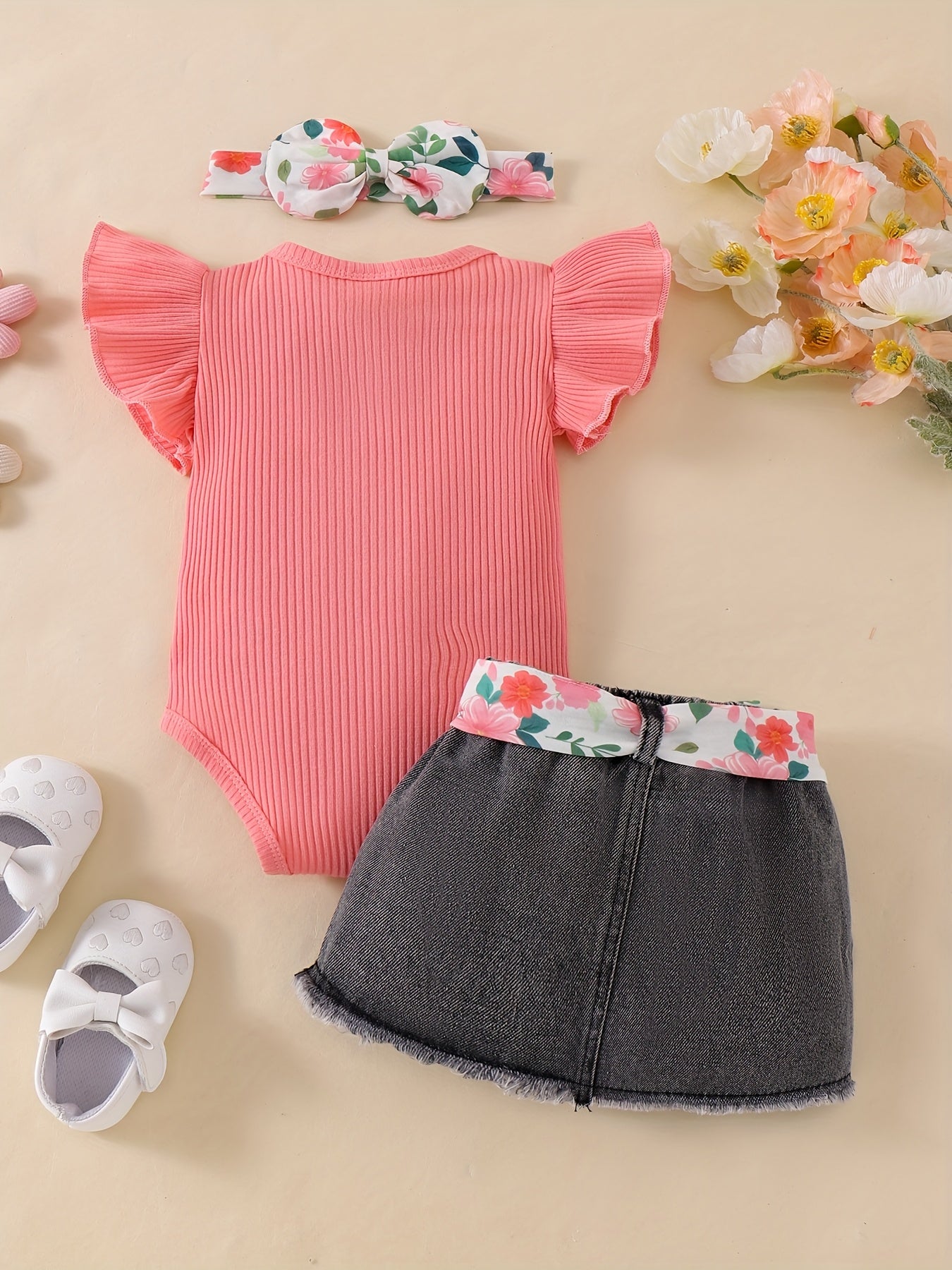 Baby Girl Clothes Newborn Romper Ruffle Sleeve Short Jeans Skirt With Headband Infant Outfits Set 0-18 Months, for Outdoor