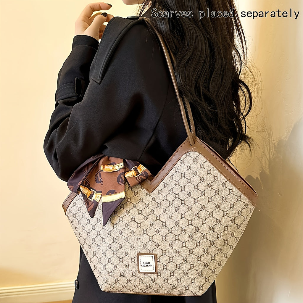 LABOONOO Women'S Vintage-Inspired Tote Bag with Scarf - Elegant, Large Capacity, Zip Closure, Grey & Beige Pattern, Perfect for Casual or Retro Outfits