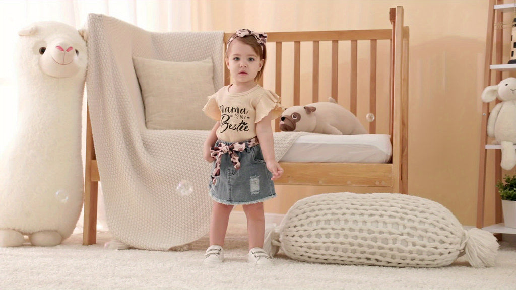 Baby Girl Clothes Newborn Romper Ruffle Sleeve Short Jeans Skirt With Headband Infant Outfits Set 0-18 Months, for Outdoor