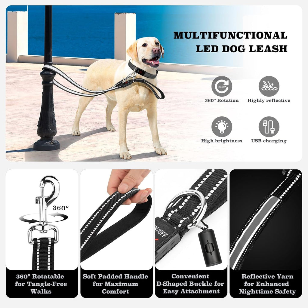 2pcs-4 Feet LED Light-Up Dog Leash and Dog Collar | 7 Lighting Modes, Night Light, Reflective, Double-Sided Light-Up, Rechargeable, with Soft Padded Handle, Safe for Nighttime Dog Walking, Suitable for Small to Large Pets: Pe