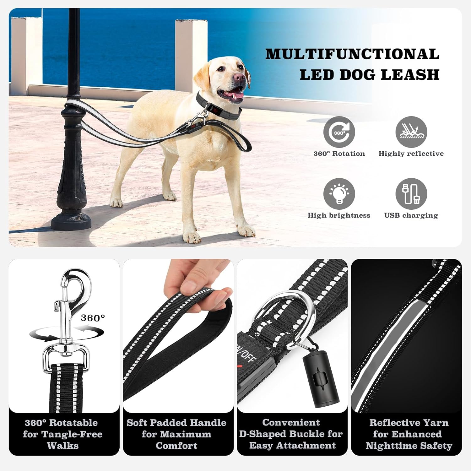 2pcs-4 Feet LED Light-Up Dog Leash and Dog Collar | 7 Lighting Modes, Night Light, Reflective, Double-Sided Light-Up, Rechargeable, with Soft Padded Handle, Safe for Nighttime Dog Walking, Suitable for Small to Large Pets: Pe