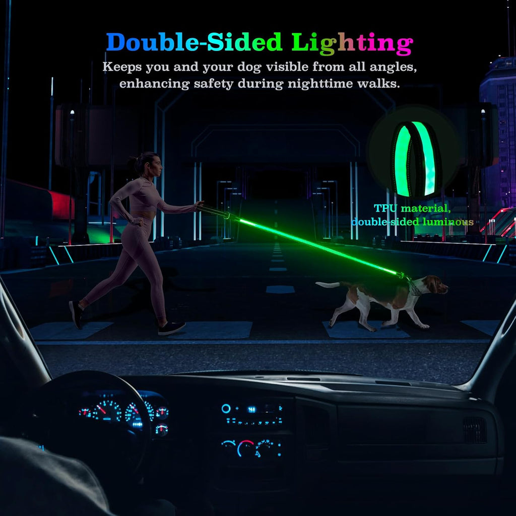 2pcs-4 Feet LED Light-Up Dog Leash and Dog Collar | 7 Lighting Modes, Night Light, Reflective, Double-Sided Light-Up, Rechargeable, with Soft Padded Handle, Safe for Nighttime Dog Walking, Suitable for Small to Large Pets: Pe