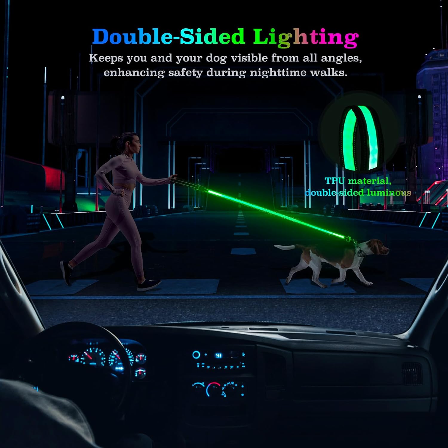 2pcs-4 Feet LED Light-Up Dog Leash and Dog Collar | 7 Lighting Modes, Night Light, Reflective, Double-Sided Light-Up, Rechargeable, with Soft Padded Handle, Safe for Nighttime Dog Walking, Suitable for Small to Large Pets: Pe