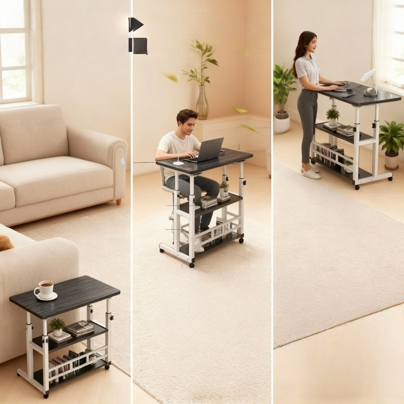 Height-Adjustable Mobile Table with Lockable Wheels, Reinforced Frame Folding Side Table, Black And White Handmade Art Workstation, Small Space Storage Table for Bedroom, Living Room, Or Study, Ideal Gift for Crafters, Artist