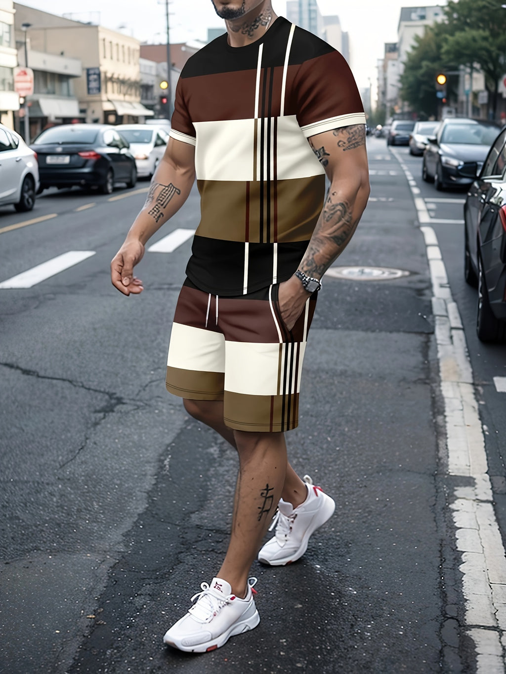 Men's Colorblock Heart Print 2Pcs Outfits, Short Sleeve T-shirt & Shorts Set For Summer