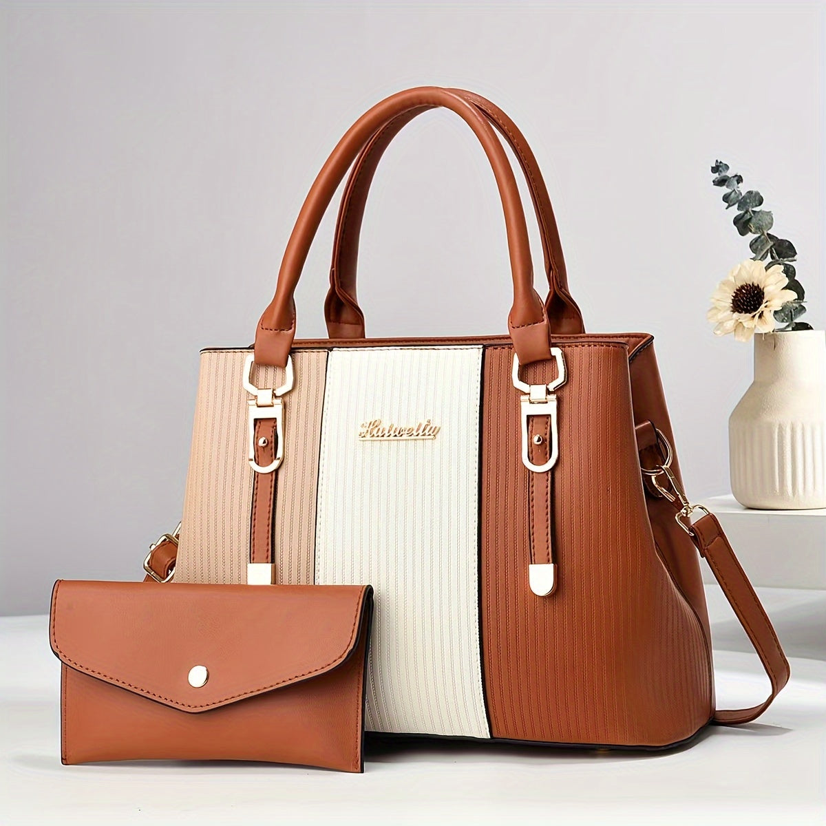 Stylish Colorblock Chic Tote Bag - Fashionable Shoulder & Crossbody Handbag with Detachable Strap, Zip Closure, Polyester Lined Interior, and Spacious Compartments for Organization - For Women - Perfect for Work, Shopping, Tr