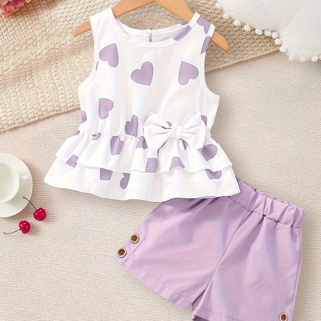 2-Piece Purple Heart Tank Top + Shorts Set Girl's Holiday Leisure Summer Outdoor Outfits Gift