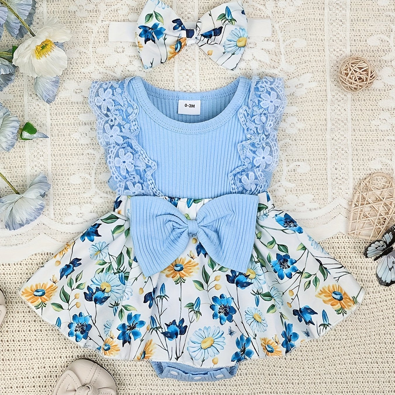 Baby Girl Dressy Romper Dress with Bow & Applique Detail