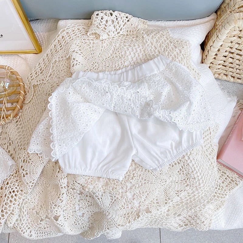 Girls Summer Clothing Sets Hollow Lace Suit Baby Casual Sleeveless T-shirt+Shorts Kids Clothing Sets Baby Clothes Outfits - Kenner House Emporium