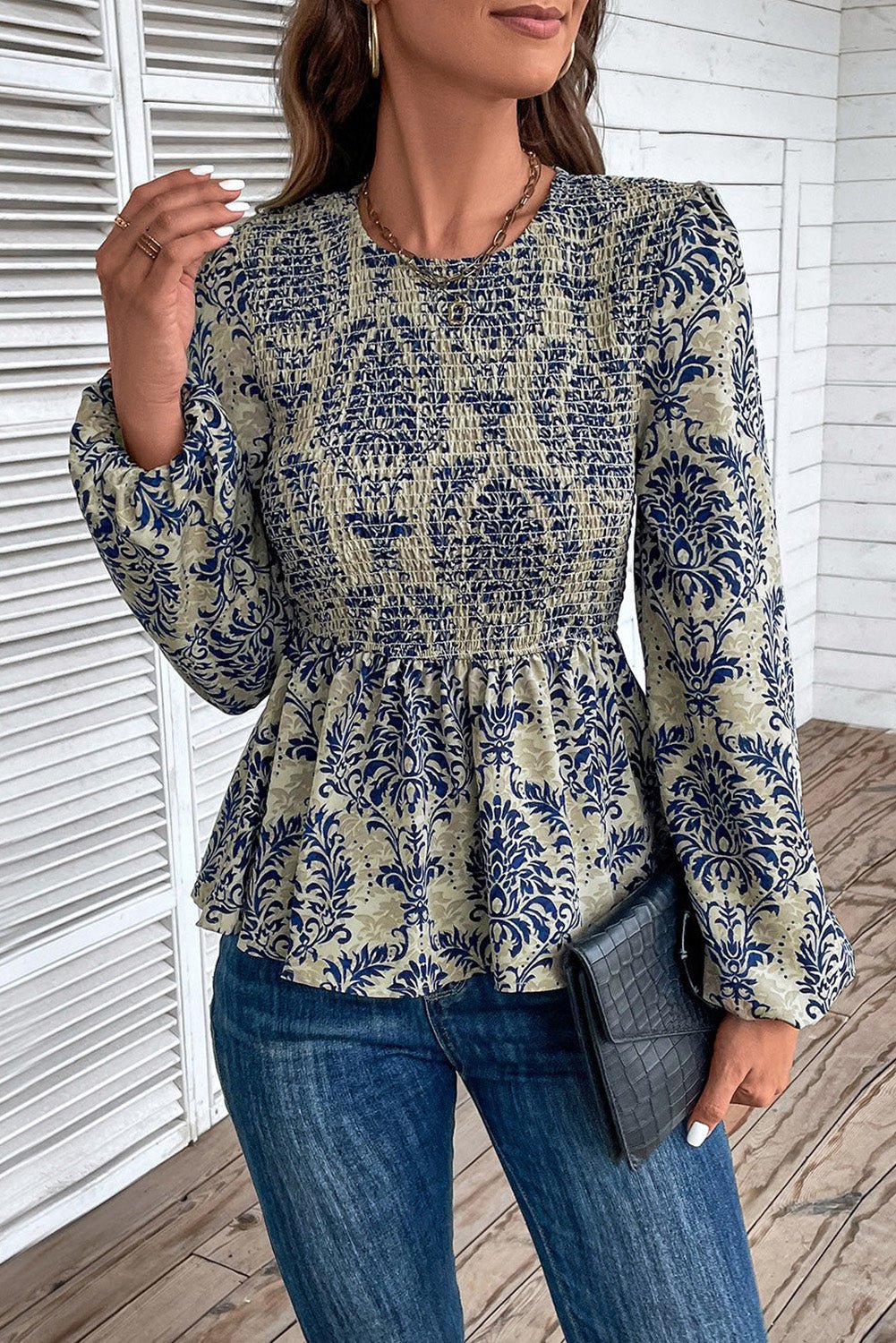 Sky Blue Ethnic Print Balloon Sleeve Smocked Peplum Blouse - Kenner House Emporium