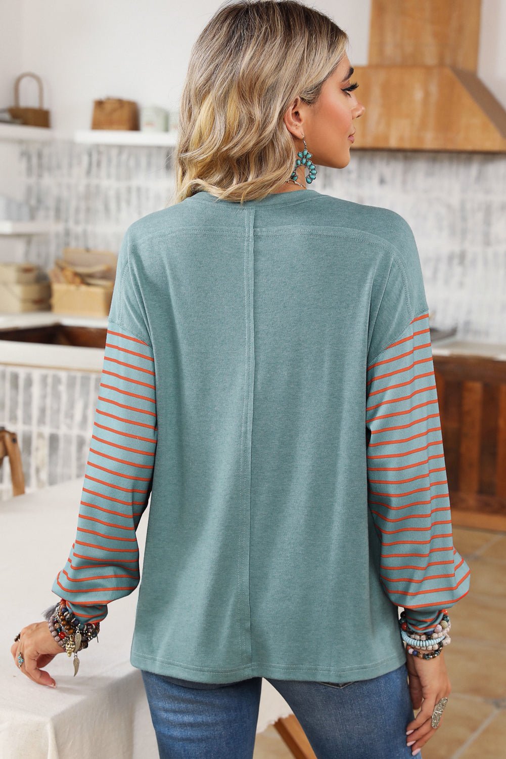 Green Colorblock Striped Bishop Sleeve Top with Side Slits - Kenner House Emporium