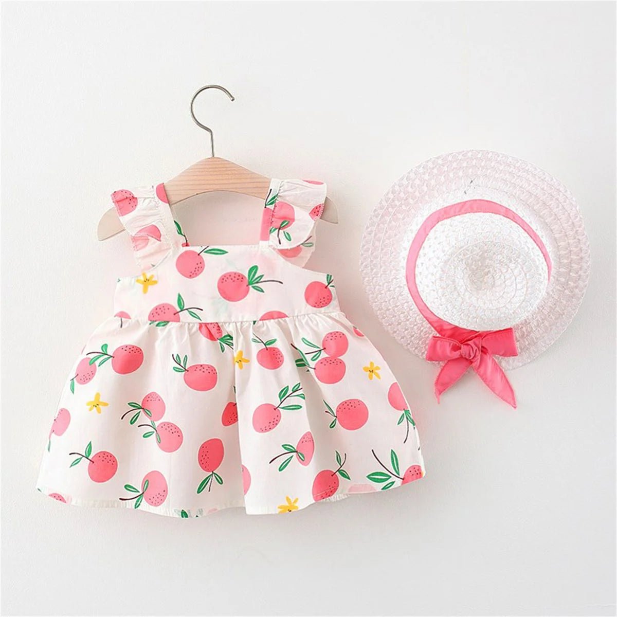 2Pcs/SetSummer girls dress children's clothing new small suspender bow orange print vest skirt with hat as a gift - Kenner House Emporium
