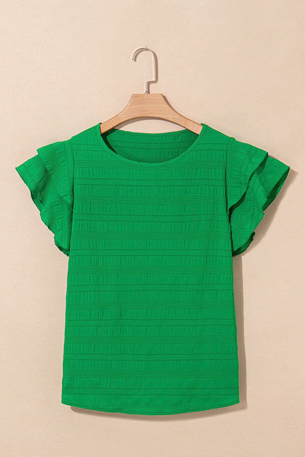 Dark Green Ruffle Sleeve Textured Smocked Blouse - Kenner House Emporium