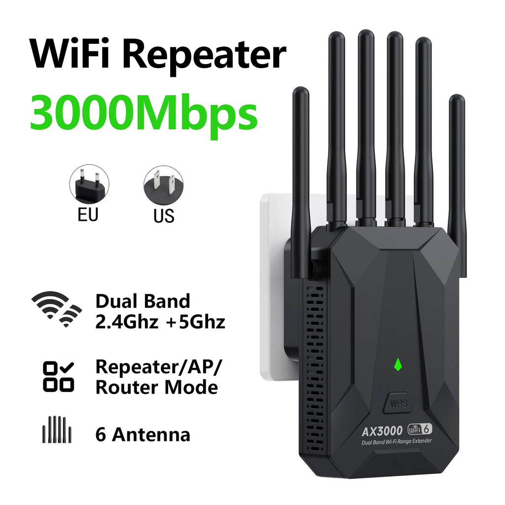 WiFi 6 3000Mbps Wireless Repeater Dual Band 2.4Ghz 5GHz WiFi Extender Wi - Fi 6 Amplifier Long Range Signal Expansion Booster - Kenner House Emporium