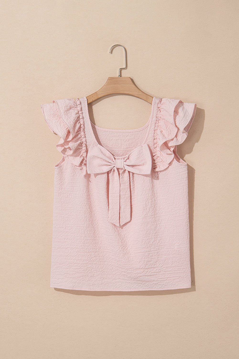 Gossamer Pink Textured Bow Frilled Ruffle Sleeve Blouse - Kenner House Emporium