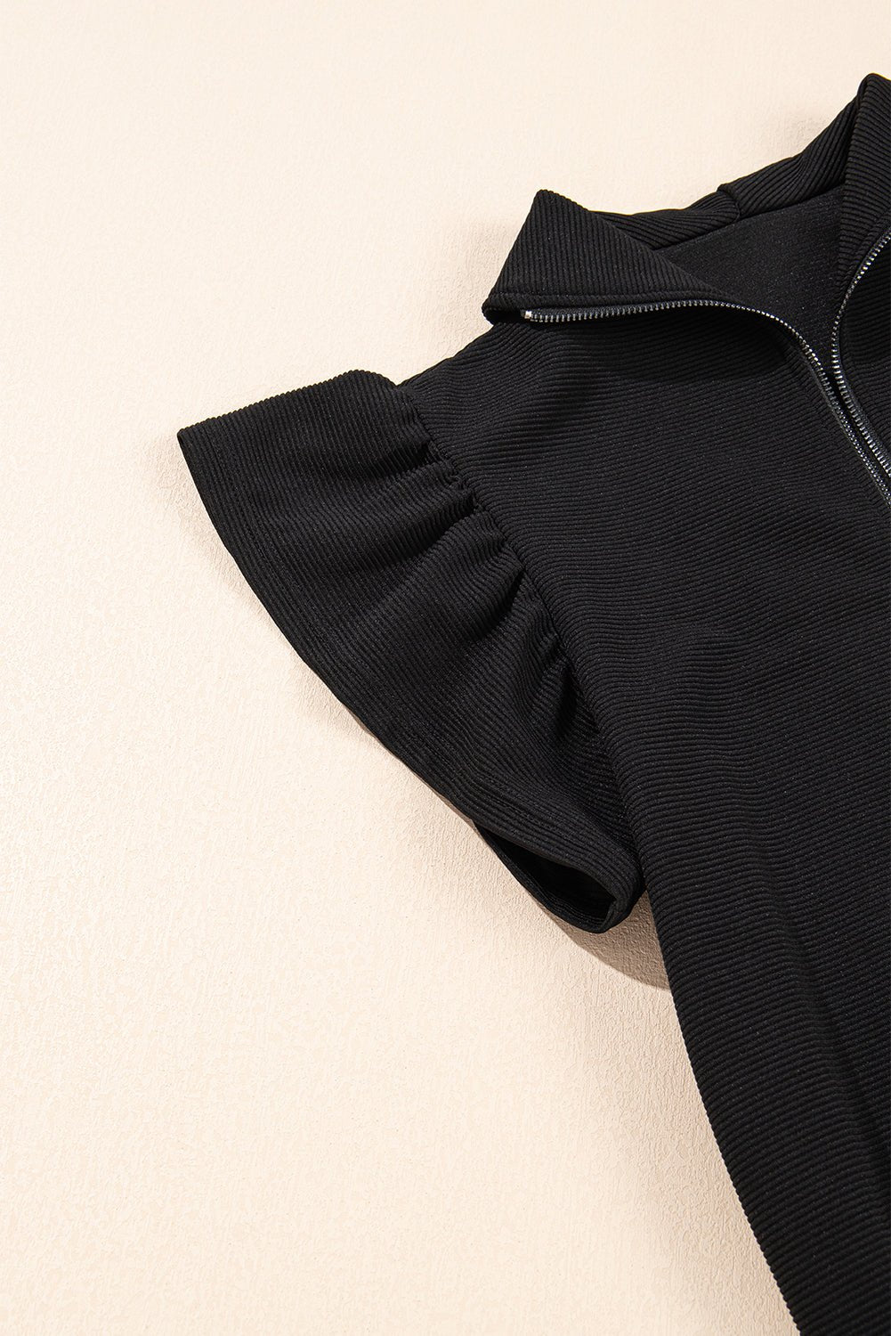 Black Textured Ruffle Sleeve Zipped Top and Wide Leg Pants Set - Kenner House Emporium