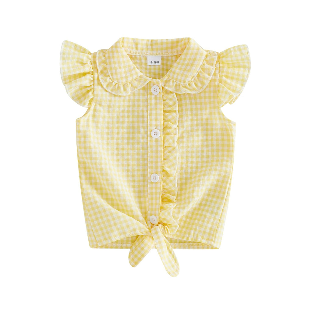 Toddler Clothes Baby Girl Summer Shirts Cute Plaid Solid Color Flying Sleeve Button Down Tops Children's Clothing - Kenner House Emporium