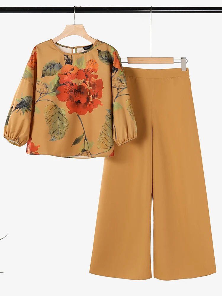 ZANZEA Spring 2pcs Outfits Women Pant Sets 3/4 Sleeve Floral Printed Blouse Loose Trousers Suits Elegant Work Tracksuit Oversize - Kenner House Emporium