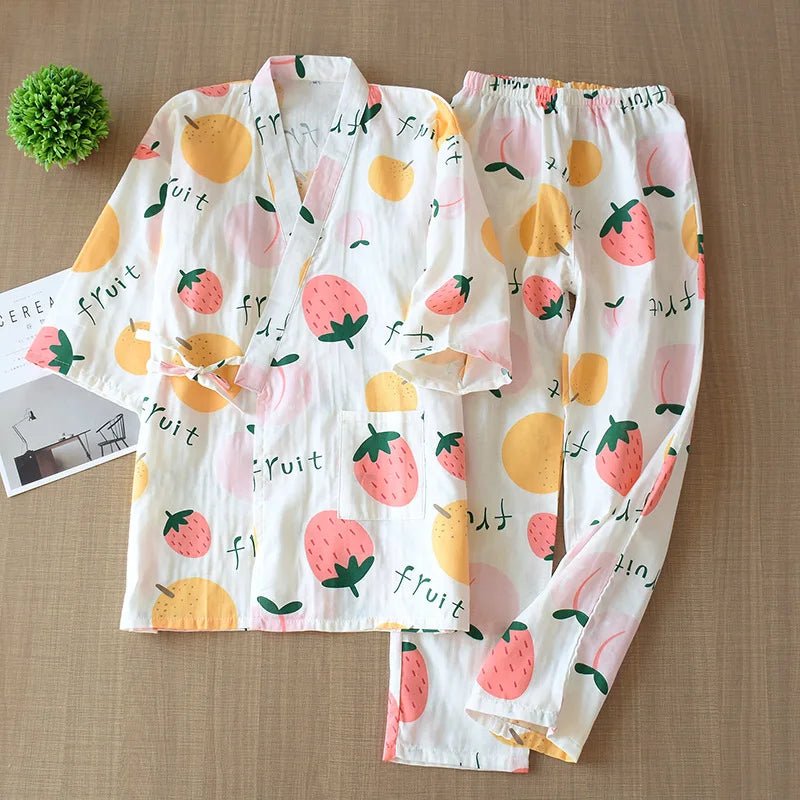 2023 Japanese - style kimono pajamas set seven - sleeve female spring and autumn 100% cotton gauze home clothes cute sweet 2 - piece - Kenner House Emporium
