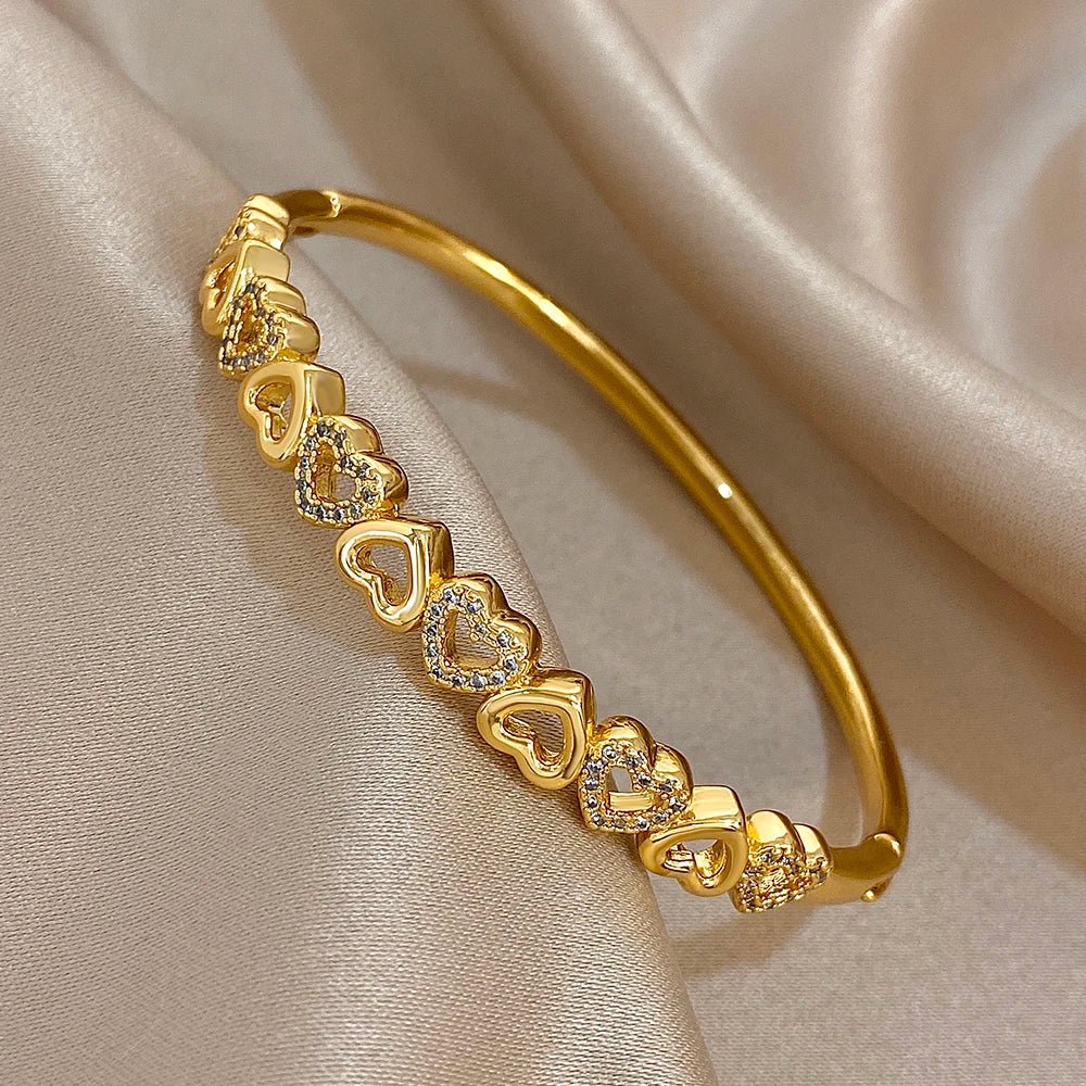 Freetry Classic Zircon Hollow Out Heart Bangle for Women Plated Spring Bangle Cuff Bracelet Female Jewelry Gift Hand Decoration - Kenner House Emporium