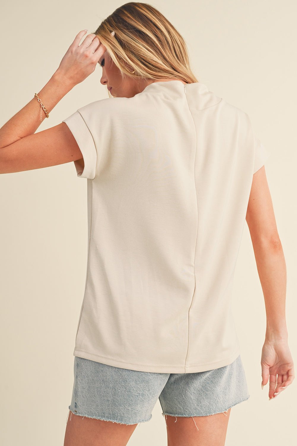Oatmeal Solid Color Short Sleeve Zip Back Blouse - Kenner House Emporium