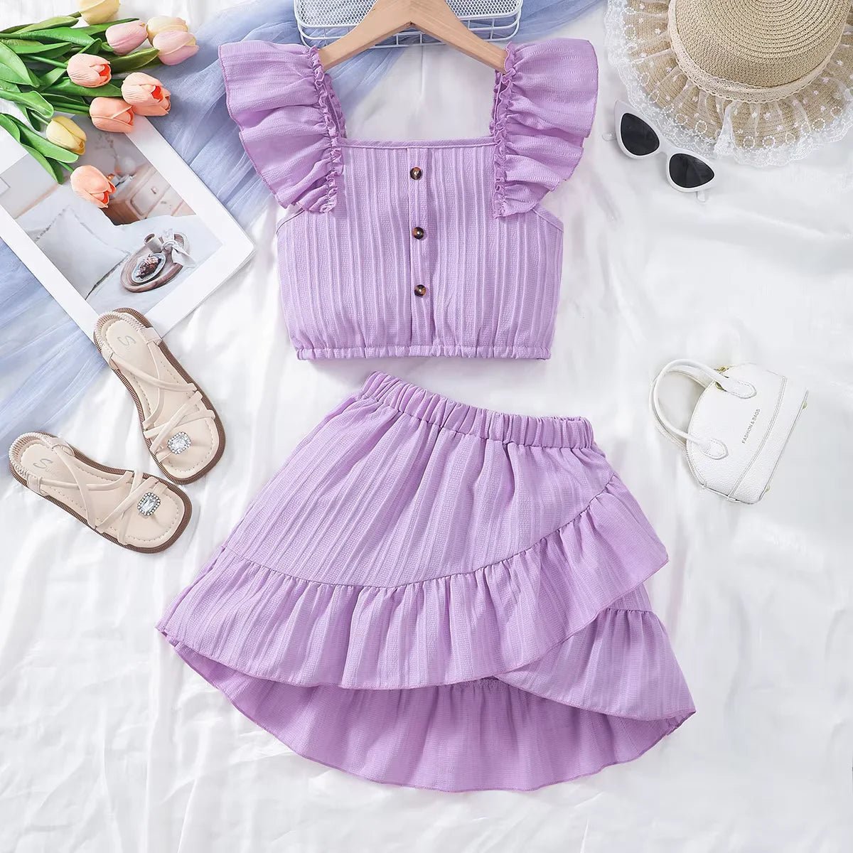 Kid Girls Summer Princess Clothing Set Flutter Sleeve Plain Color Tops+Short Skirt Sweet Style Party Wear For Child 8 - 12 Years - Kenner House Emporium