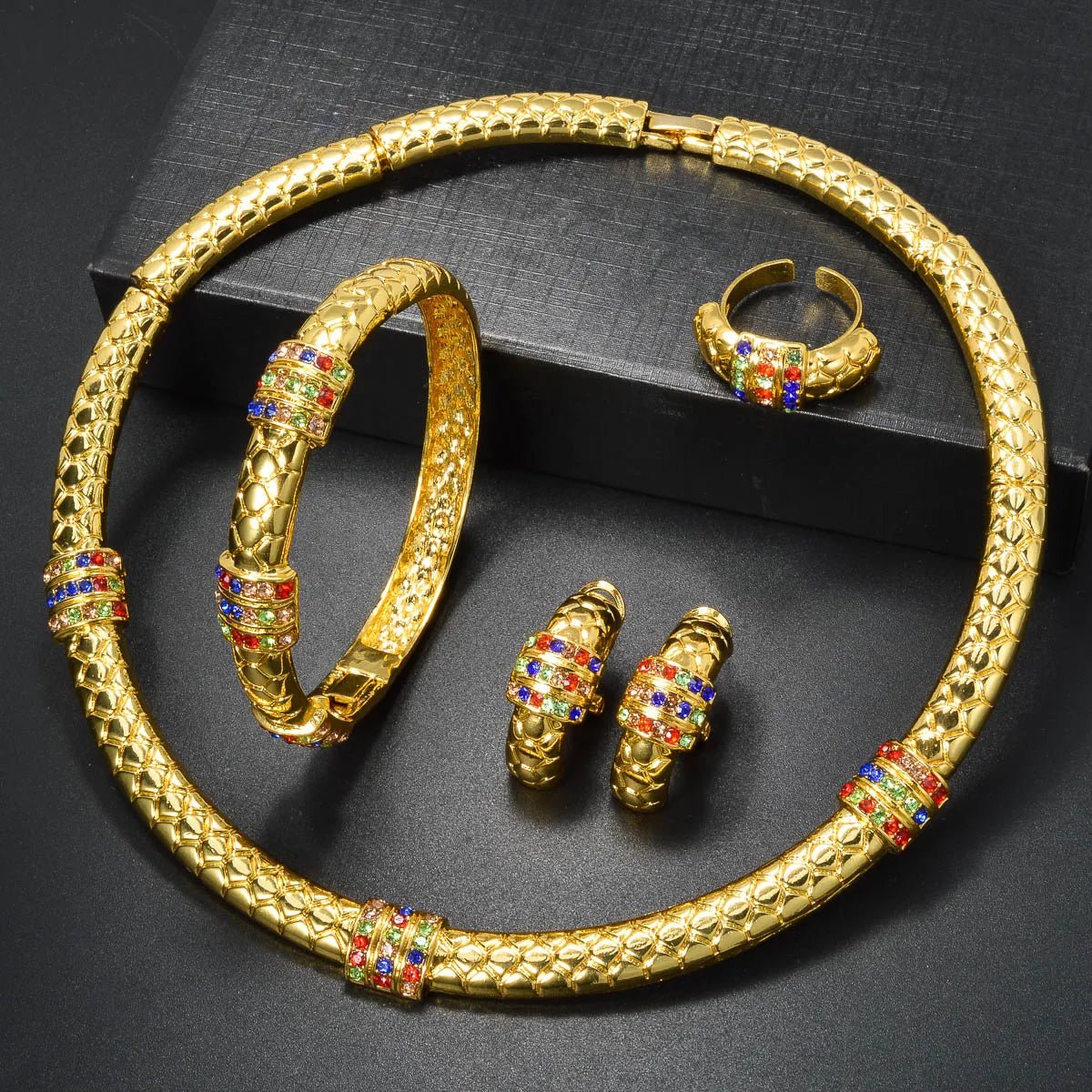 Luxury 18k Gold - Plated Women's Jewelry 4 - Piece Round Necklace Bracelet Earrings Ring Gold Classic Dubai Wedding Gift - Kenner House Emporium