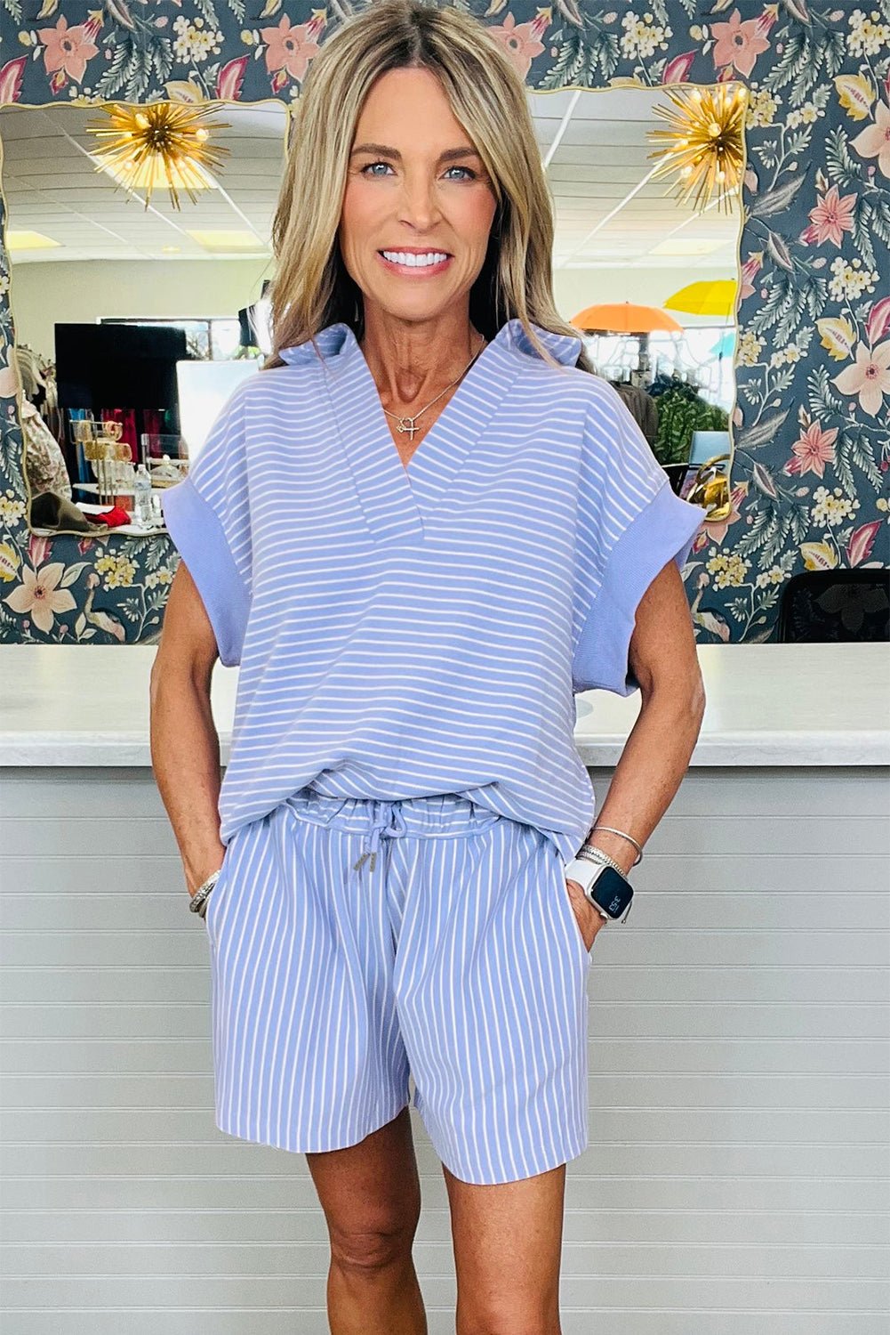 Sky Blue Striped Dolman Sleeve Pullover and Drawstring Shorts Set - Kenner House Emporium