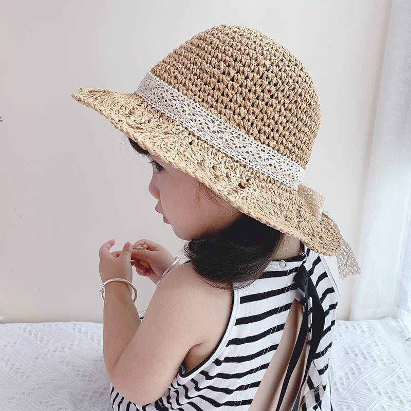 Fashion Baby Petal Brim Straw Woven Hat Sun Protection Lace Cap Kids Girls Princess Collapsible Beach Cute Infant Bucket Hats - Kenner House Emporium