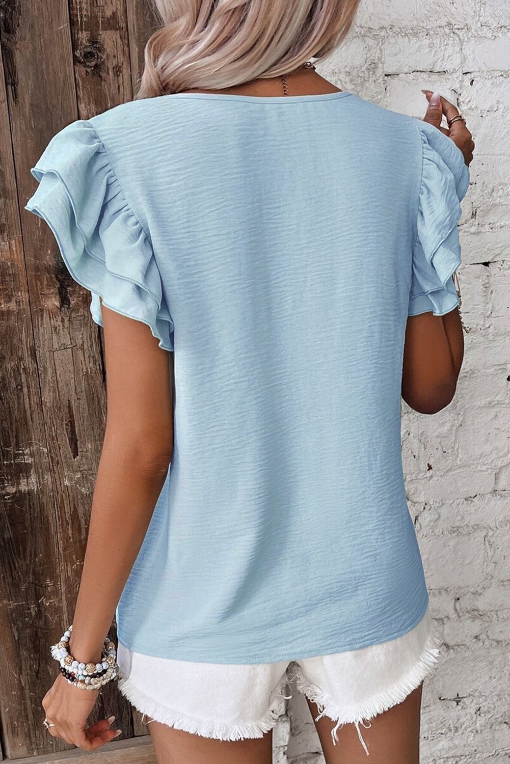 Mist Blue Solid Color Ruffle Sleeve Crinkled Blouse - Kenner House Emporium