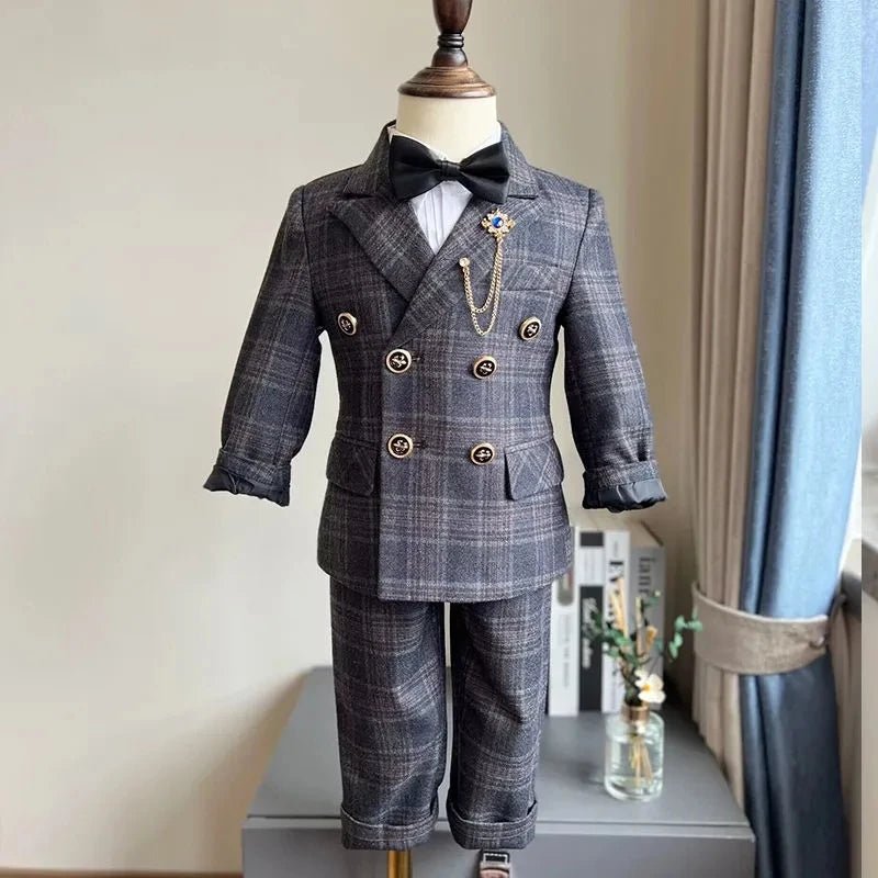 Child Spring Autumn Plaid Luxury Suit Set Boys Birthday Performance Photo Wedding Party Costume Kids Tuxedo Vest Pants Clothes - Kenner House Emporium