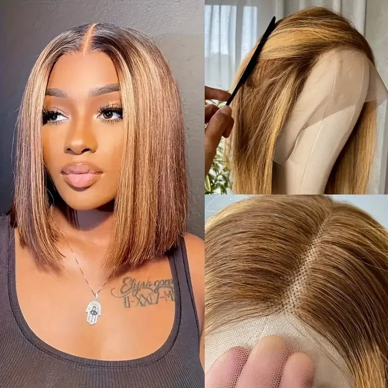 100% Human Hair Wigs 13x4 Lace Human Hair Lace Frontal Wig Ready Wear Bob Wigs 220Density For Black Women 4/27 Color Gold - Kenner House Emporium