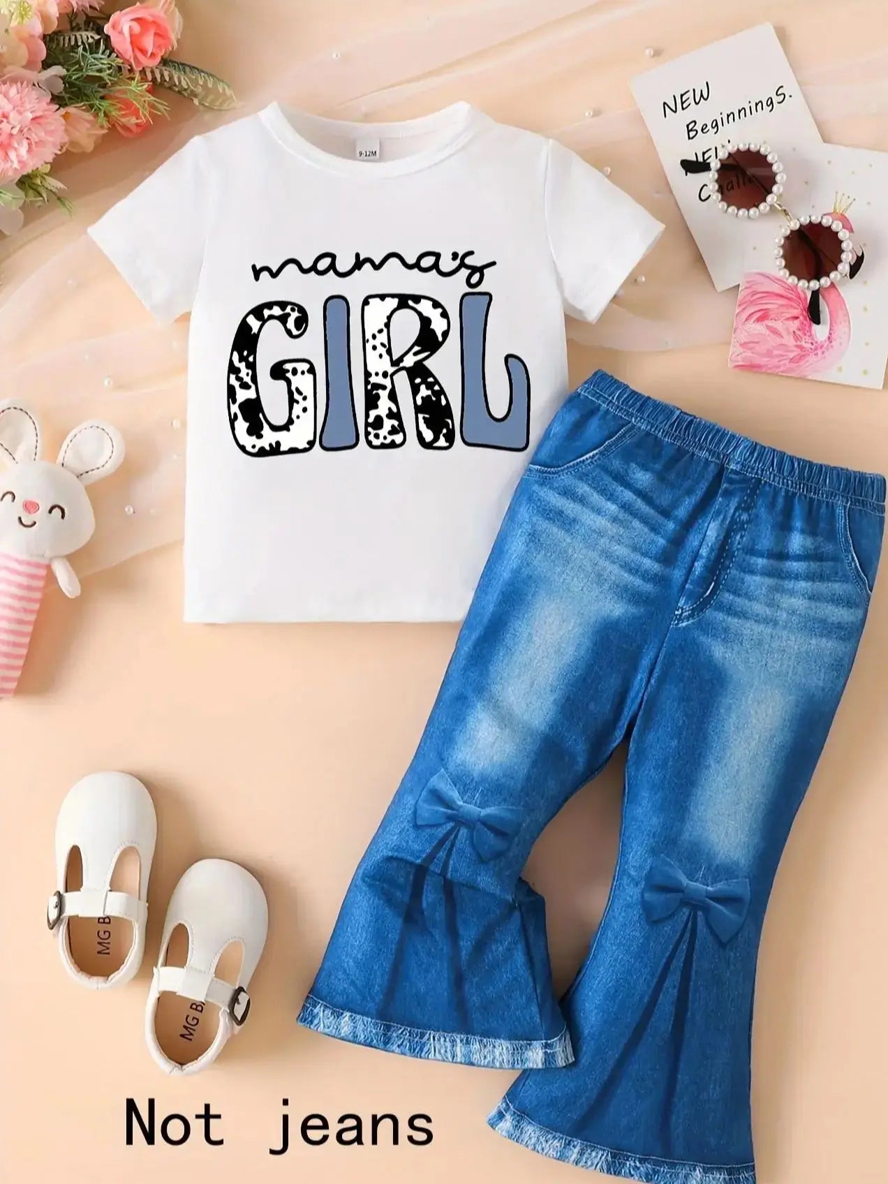 Toddler girl's spring and autumn short - sleeve top with letter patterns and imitation jeans set, suitable for outdoor activities - Kenner House Emporium