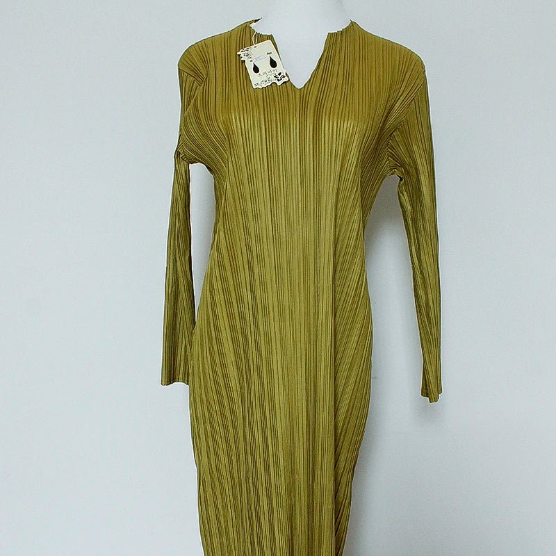 Pleated Dress Women's Long Sleeve Spring and Autumn 2023 New V - Neck Bottom Skirt Slim Fit Long Dress - Kenner House Emporium