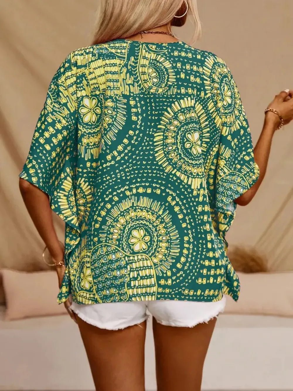 Printed V - Neck Half Sleeve Top - Kenner House Emporium