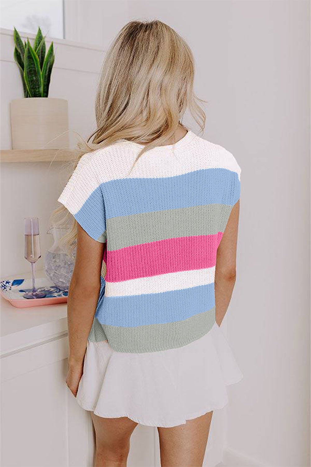 Light Blue Colorblock Notch V Neck Knit T Shirt - Kenner House Emporium