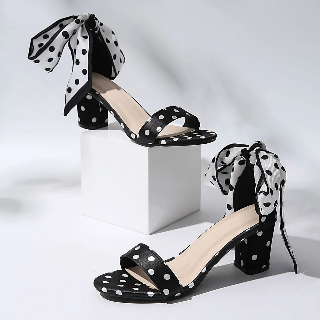 2026 New High - Heeled Sandals, Classic Polka Dot Silk Texture with Delicate Bow, Gentle Style - Kenner House Emporium