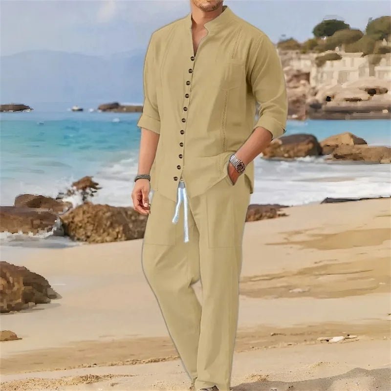 Men's Fashionable Cotton Linen Shirt Set, Stand Collar, Long Sleeves, Two - Piece Set, Spring/Autumn Style, 100% Natural Fiber - Kenner House Emporium