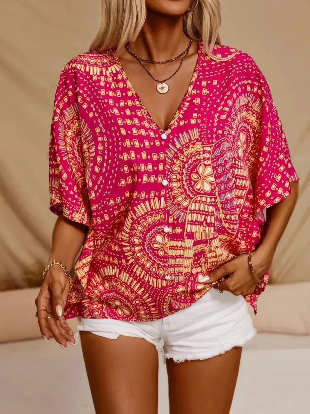Printed V - Neck Half Sleeve Top - Kenner House Emporium