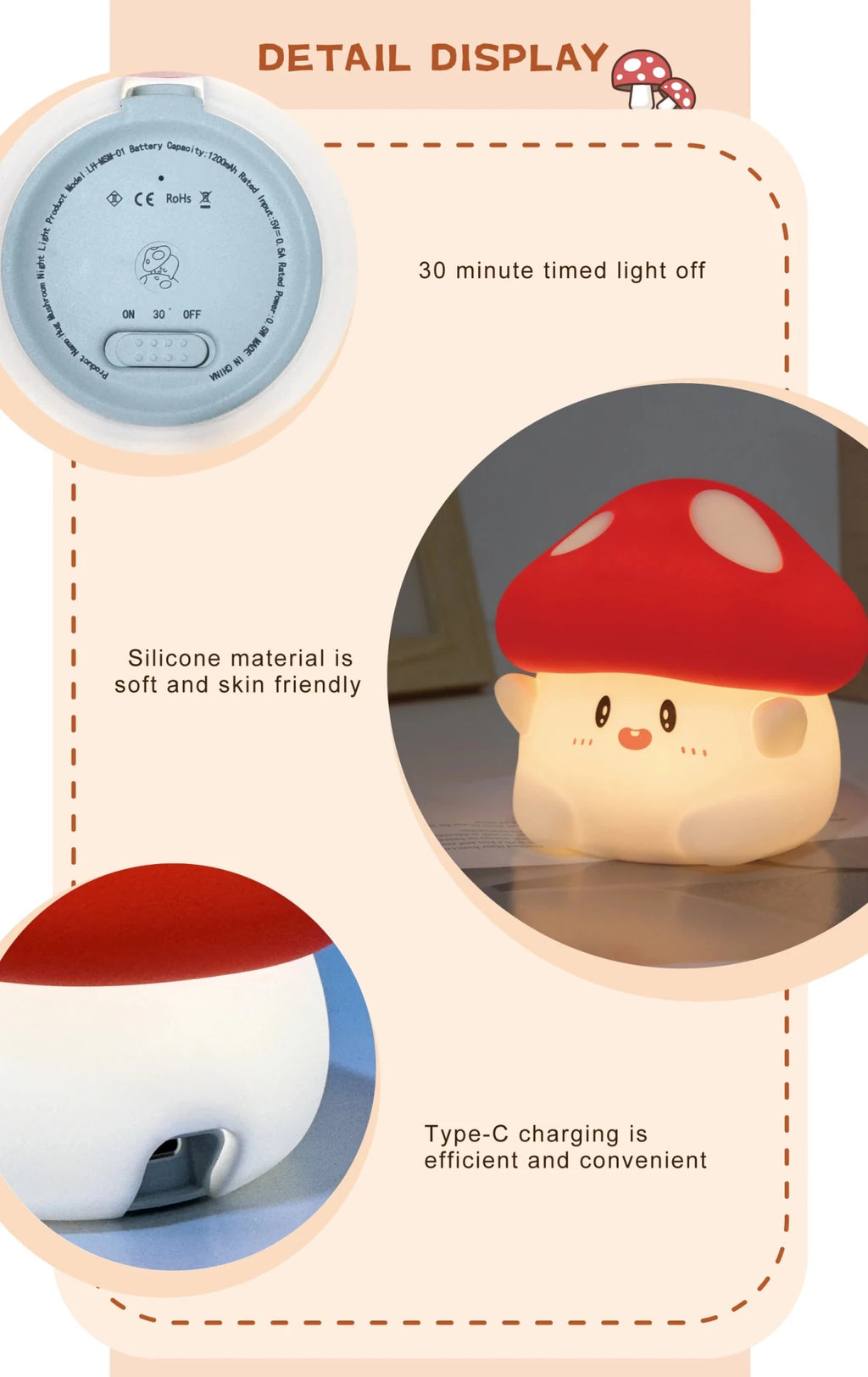 Mushroom Night Light LED Rechargeable USB Table Lamp Desk Room Decoration Baby Nursery Kids Birthday Gift Animal Pumpkin Lantern - Kenner House Emporium