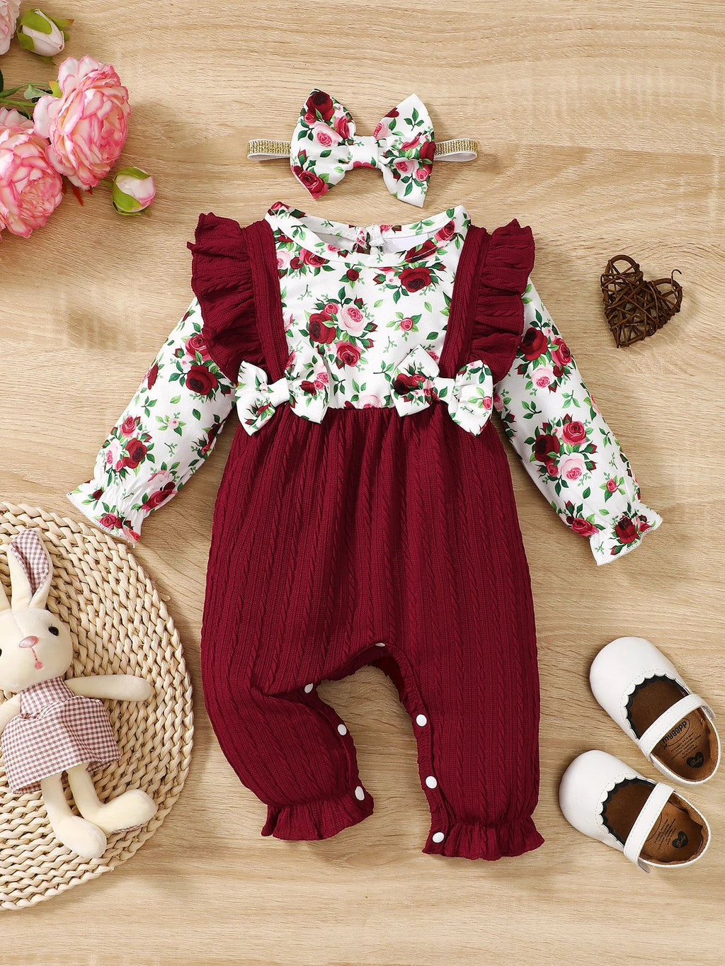 0 - 18 Months Newborn Baby Girl Romper Cute Floral Long Sleeve with Bow Bodysuit+Headband Infant Girl Spring&Autumn Jumpsuit - Kenner House Emporium