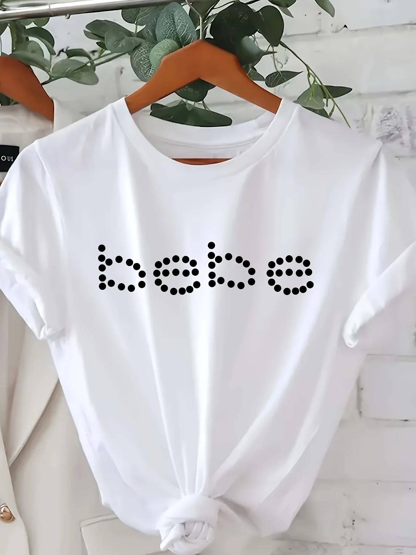 Bebe Letter Print T-Shirt Short Sleeve Crew Neck Casual Top for Summer & Spring Women'S Clothing - Kenner House Emporium