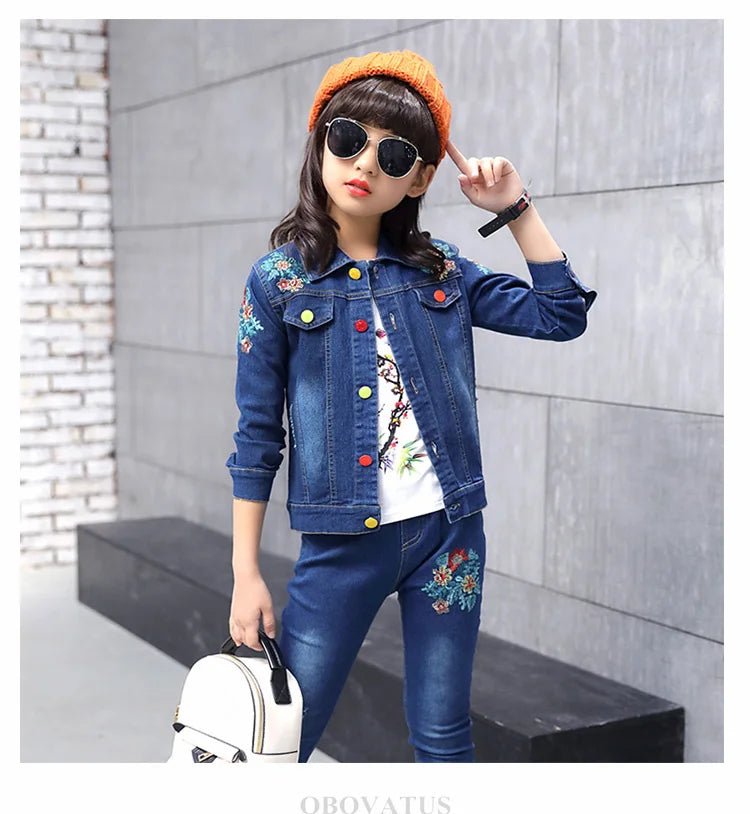 Fashion Kids Girl Denim 2 Piece Set Jacket and Jeans Embroidery Flower Jeans Jacket and Pants Set Child Vintage Spring Clothes - Kenner House Emporium