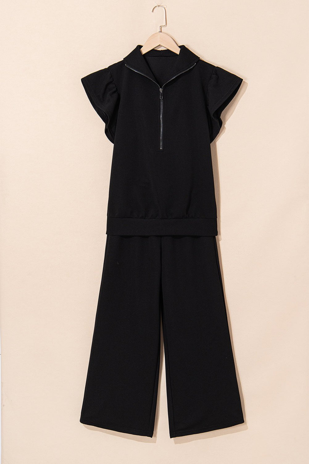 Black Textured Ruffle Sleeve Zipped Top and Wide Leg Pants Set - Kenner House Emporium