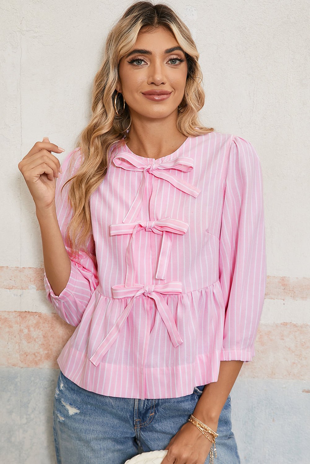 Pink Striped Print Sweet Bow Tie Blouse - Kenner House Emporium
