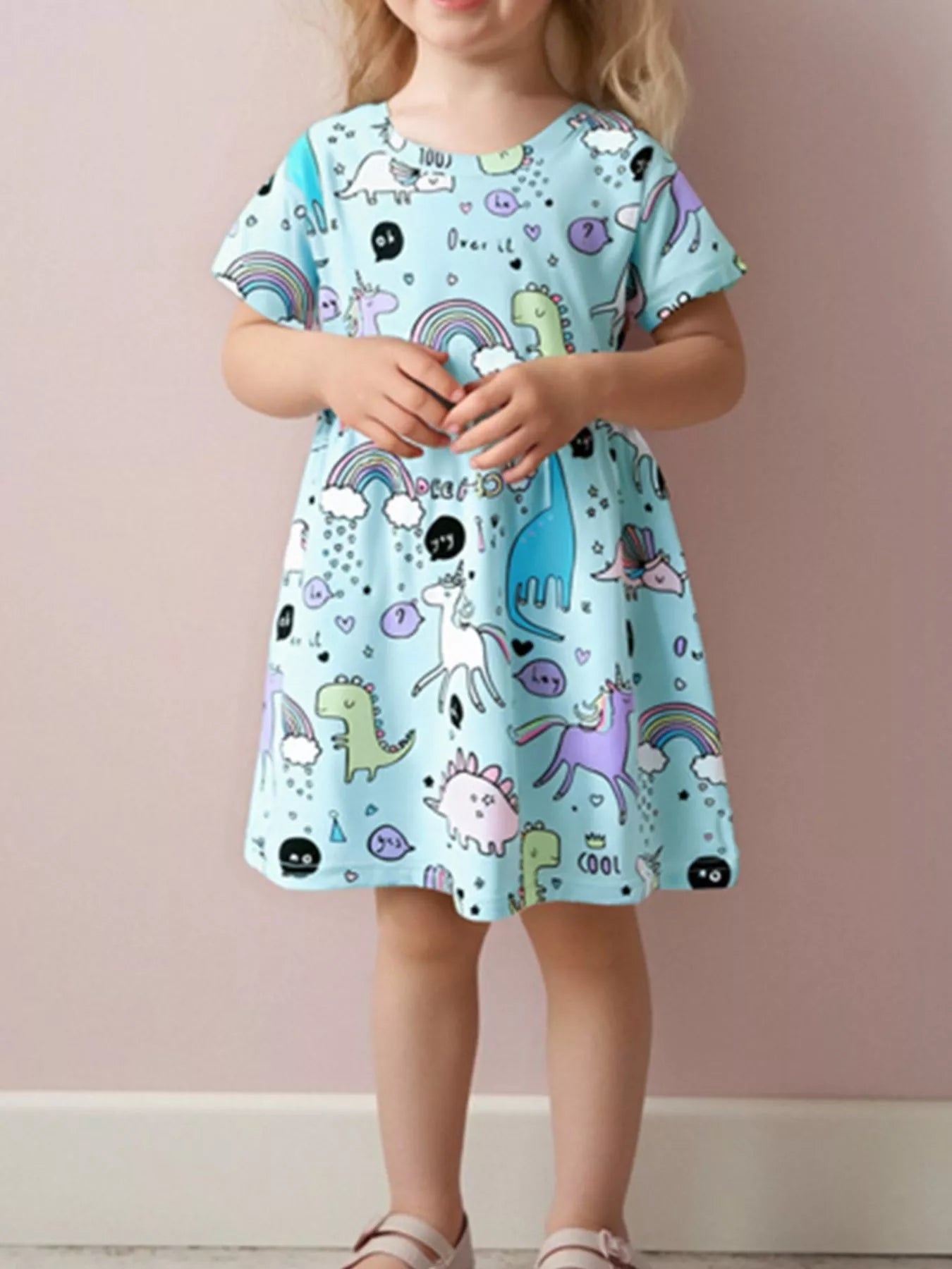Children's Cute Cartoon Dinosaur & Unicorn Print Casual Dress - Kenner House Emporium