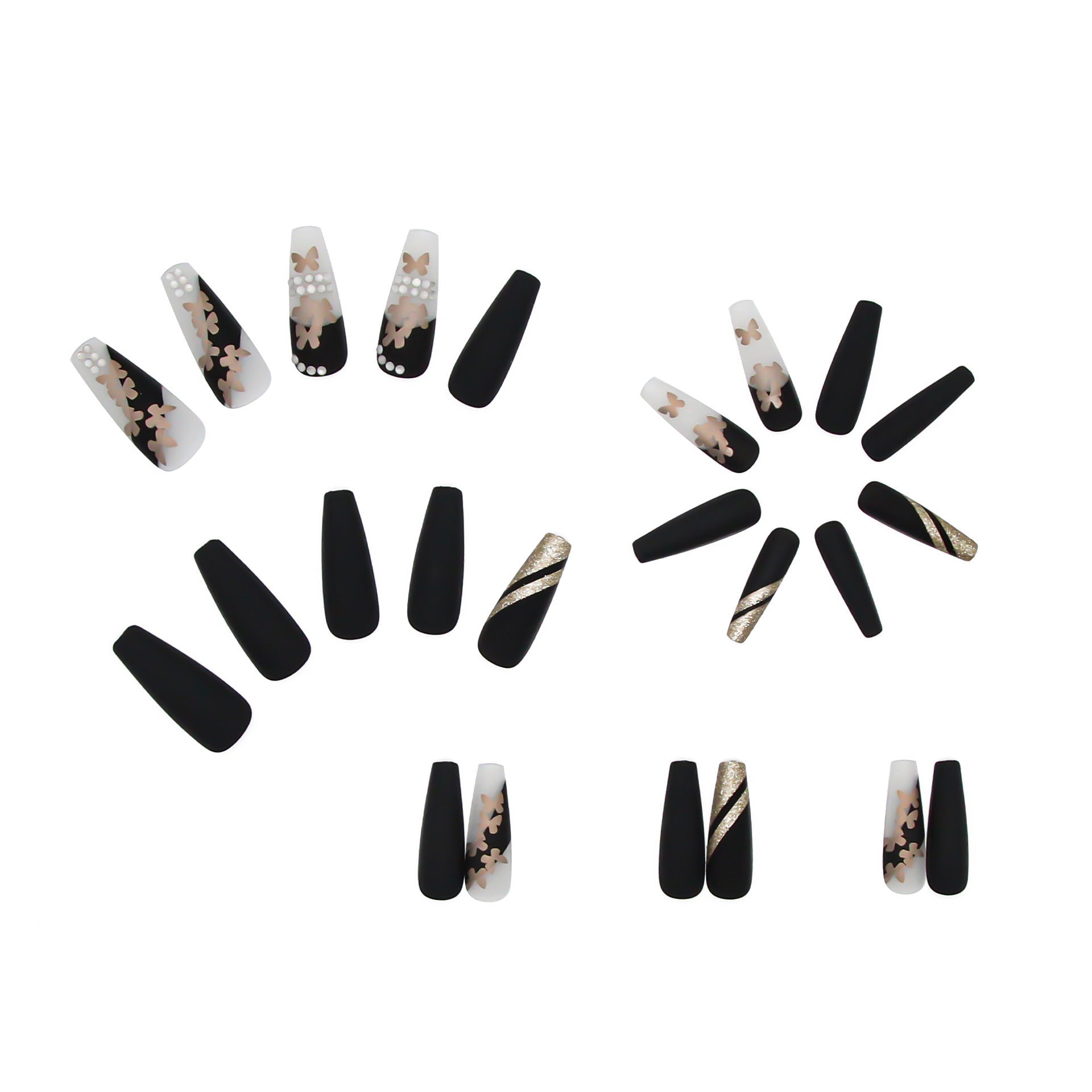 [24pcs Press - On Nails] Lirches 24pcs Press - On Nails, Hot Golden Butterfly Fake Nails, Pre - made Matte Golden Glitter Wearable Nail Tips, Light Luxury Rhinestone Style, Instagram - Inspired Manicure Nail Stickers, Includes Jelly - Kenner House Emporium